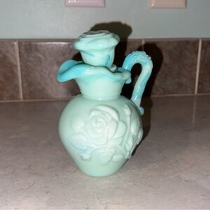 Vintage 1970 Avon Fenton glass Blue and Green Rose pitcher with lid.